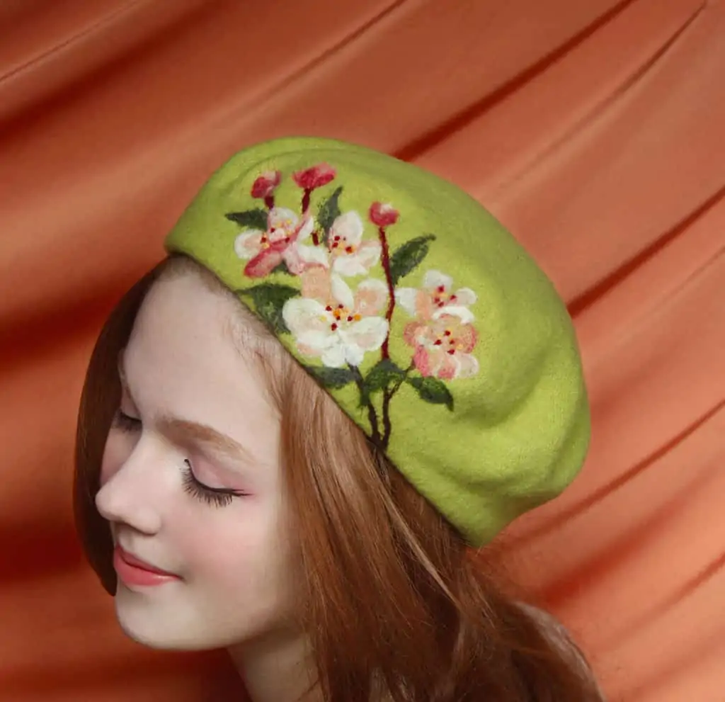 Felted wool beret with painting by Rebecca Lord