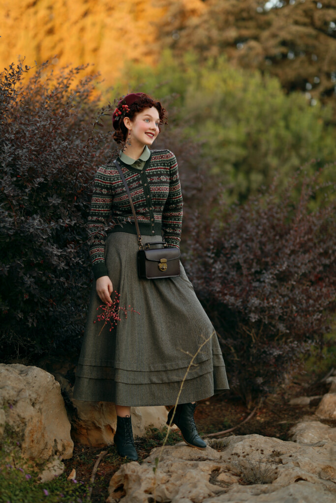 Rebecca Lord wearing Autumn Winter Modest Outfit in Romantic vintage-inspired style