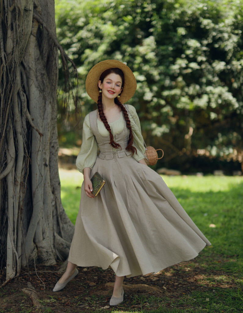 Rebecca Lord in Linen Modest Outfit and Straw Hat Folk Fashion
